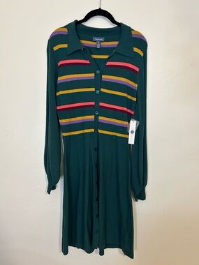 ModCloth Green Button-Down Sweater Dress with Multicolor Stripes NWT